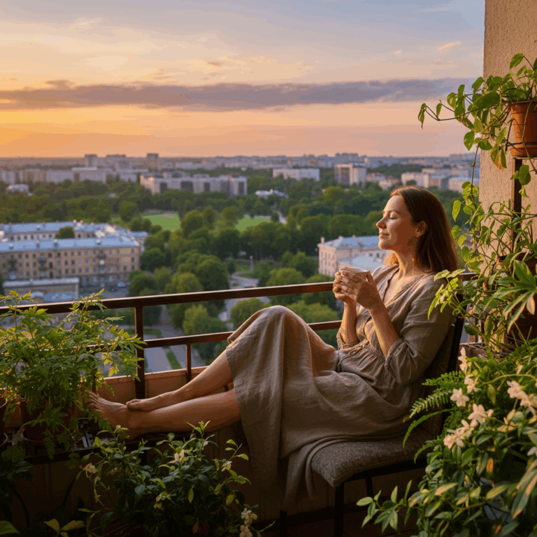 Alleinstehende Frau genießt entspannt den Sonnenuntergang auf dem Balkon mit Tee – Symbol für Selbstliebe und Glück als Single.
