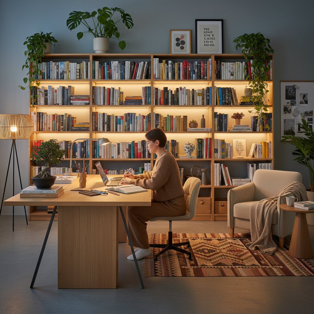Single arbeitet kreativ und zufrieden in gemütlicher Wohnung – Sinnbild für Selbstverwirklichung und erfülltes Leben allein.