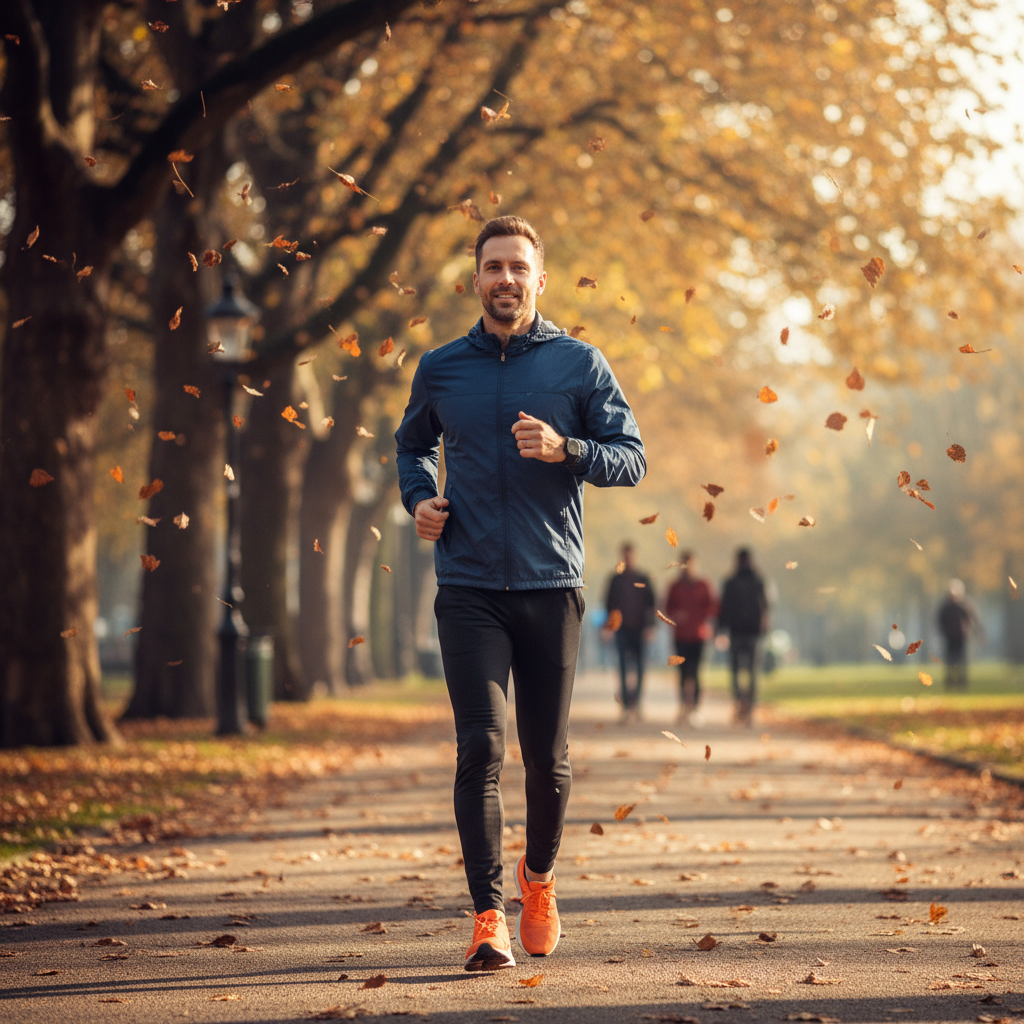 Glücklicher Single-Mann beim Joggen im herbstlichen Park – Darstellung von innerer Stärke und erfülltem Leben ohne Beziehung.