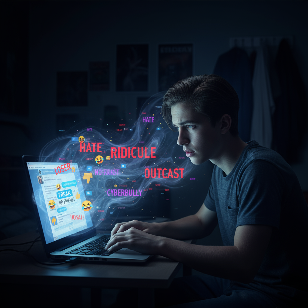 Jugendlicher im dunklen Zimmer vor Laptop mit beleidigenden Nachrichten – Darstellung von Cybermobbing, digitaler Belästigung und psychischer Belastung.