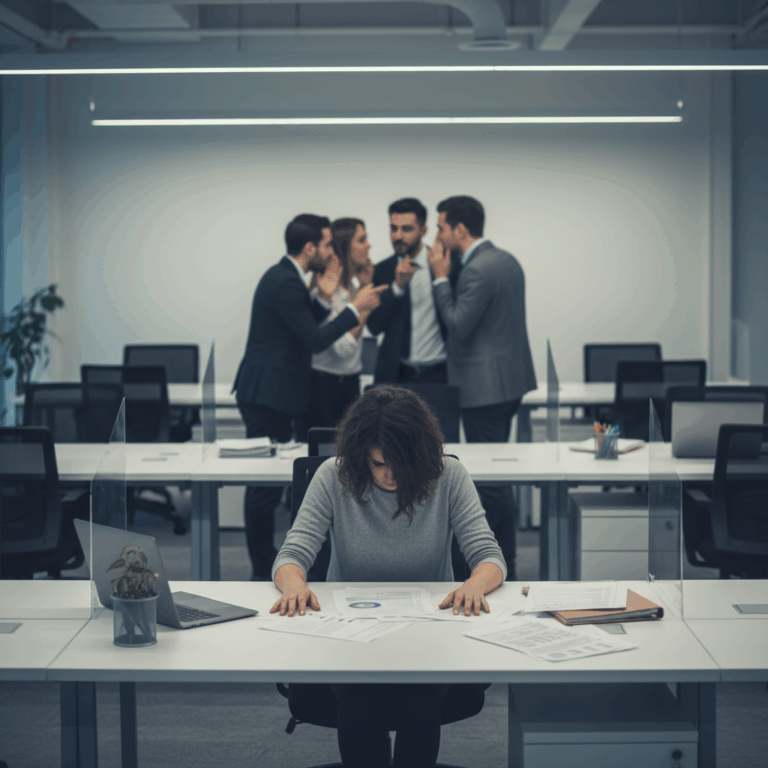 Frau sitzt isoliert im Büro, während Kollegen hinter ihrem Rücken tuscheln – Symbolbild für Mobbing am Arbeitsplatz und soziale Ausgrenzung im Job.