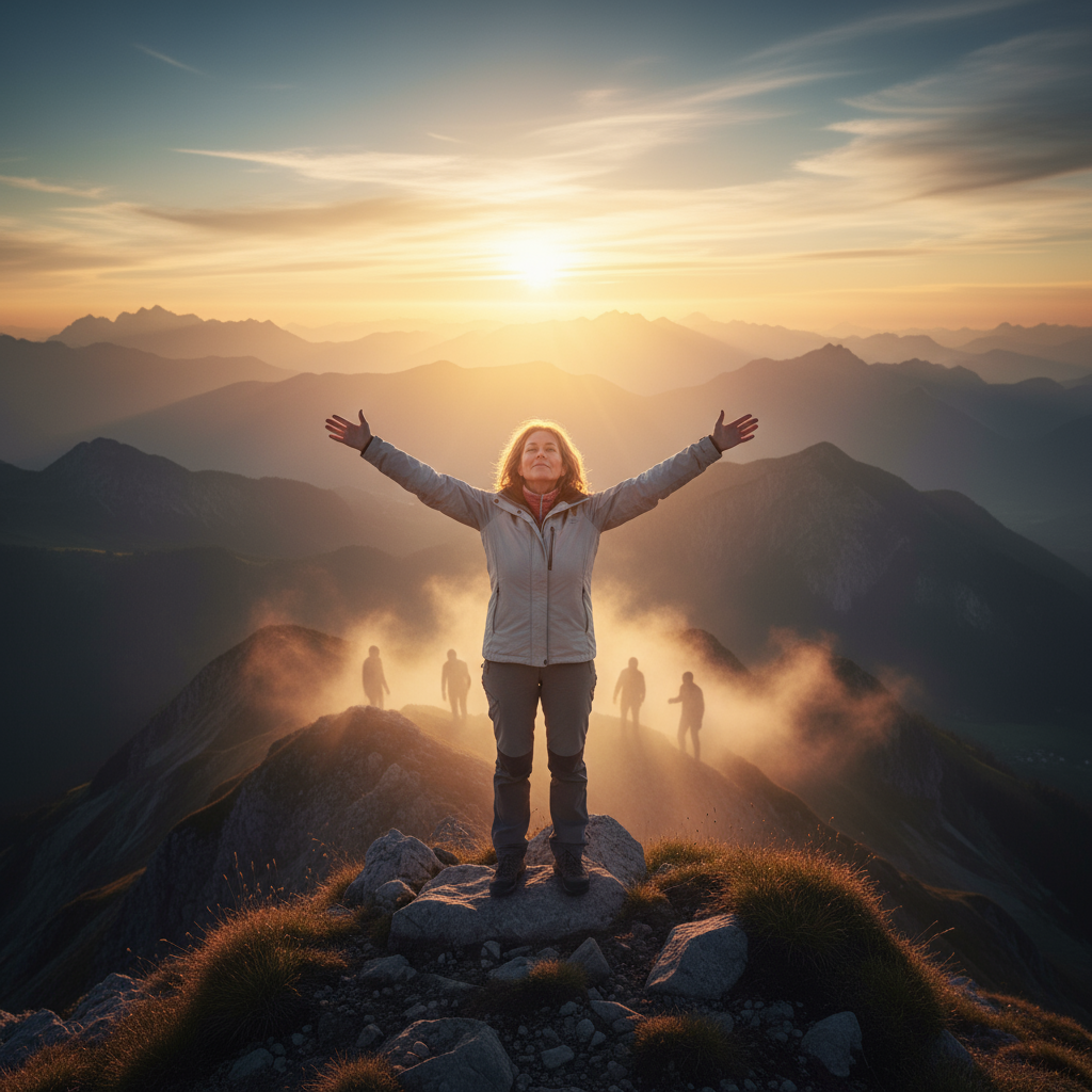 Selbstbewusste Frau auf Berggipfel bei Sonnenaufgang – Symbolbild für Selbststärkung, neue Lebensenergie und die erfolgreiche Bewältigung von Mobbing.