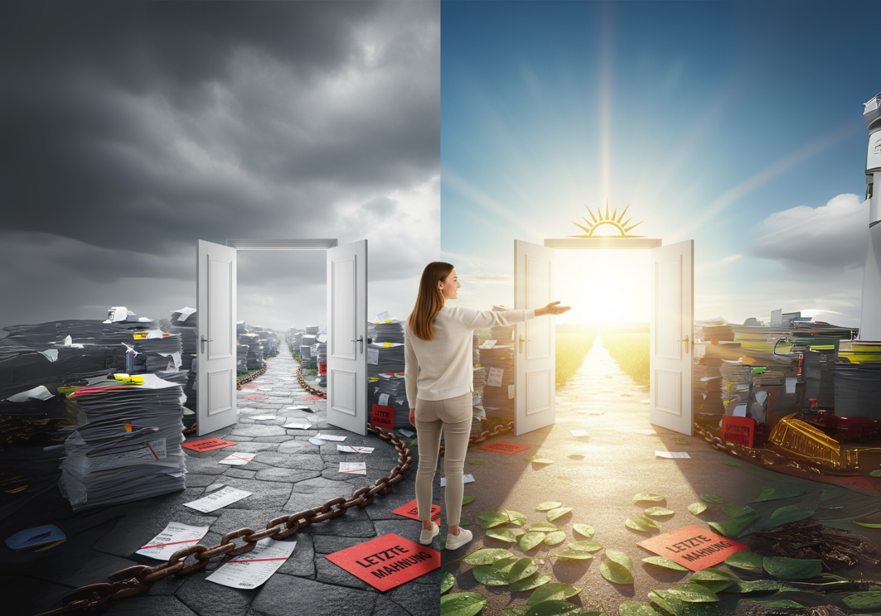 Symbolische Darstellung: Person verlässt dunklen Schuldenweg voller Mahnungen und geht in Richtung Licht und finanzielle Freiheit.