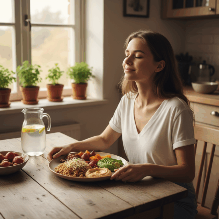 Junge Frau genießt bewusst gesunde Mahlzeit beim achtsamen Essen in heller Küche – Abnehmen ohne Verzicht durch genussvolle Ernährung.