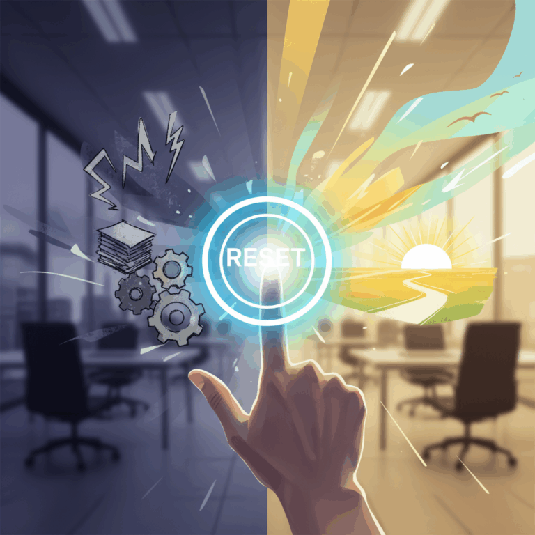 Symbolischer RESET-Knopf im Büro als Startsignal für den beruflichen Neustart mit Hoffnung, Licht und neuer Perspektive im Hintergrund.