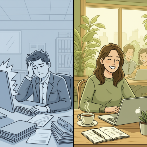 Vergleichsbild zwischen stressigem Bürojob und erfüllter Selbstständigkeit als Ausdruck eines gelungenen beruflichen Neustarts.