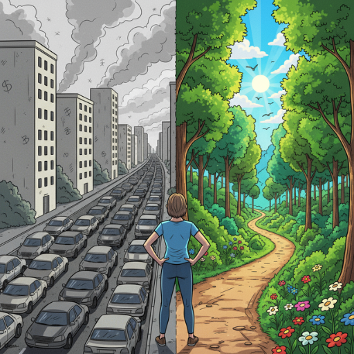 Entscheidungssituation: Mensch steht vor zwei Wegen als Metapher für den beruflichen Neustart zwischen Routine und Selbstverwirklichung.