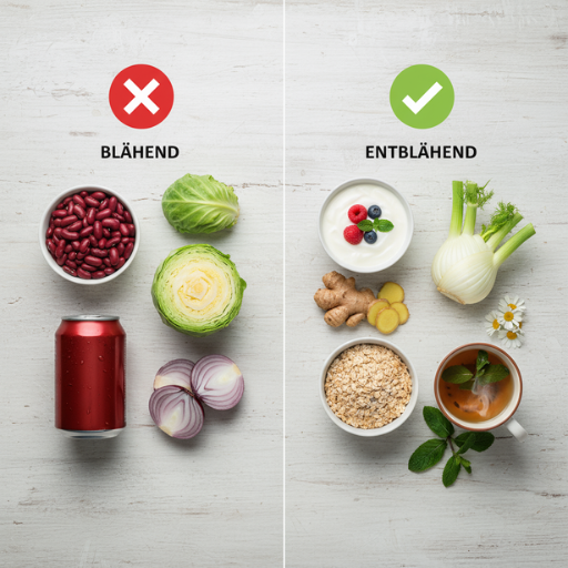 Blähende und entblähende Lebensmittel im direkten Vergleich – Ernährungstipps zum Blähungen loswerden auf einen Blick.