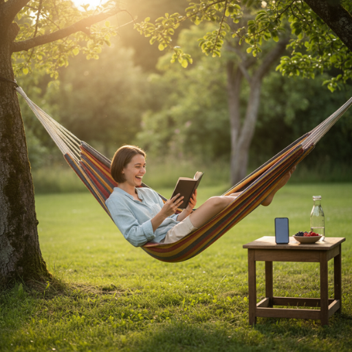 Entspannte Person in Hängematte mit Buch im Grünen – mehr Zeit für Lebensqualität dank Digital Detox und bewusster Medienpause.