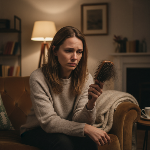 Frau mit diffusem Haarausfall hält Haarbürste – emotionale Belastung durch Haarverlust bekämpfen.