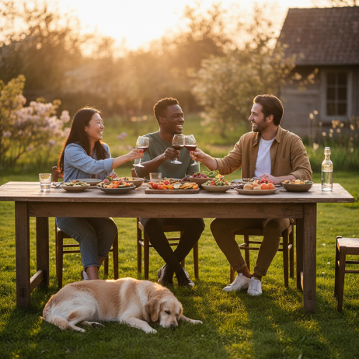 Freunde genießen gemeinsames Abendessen im Garten – mehr Zeit für Lebensqualität durch gepflegte soziale Beziehungen.