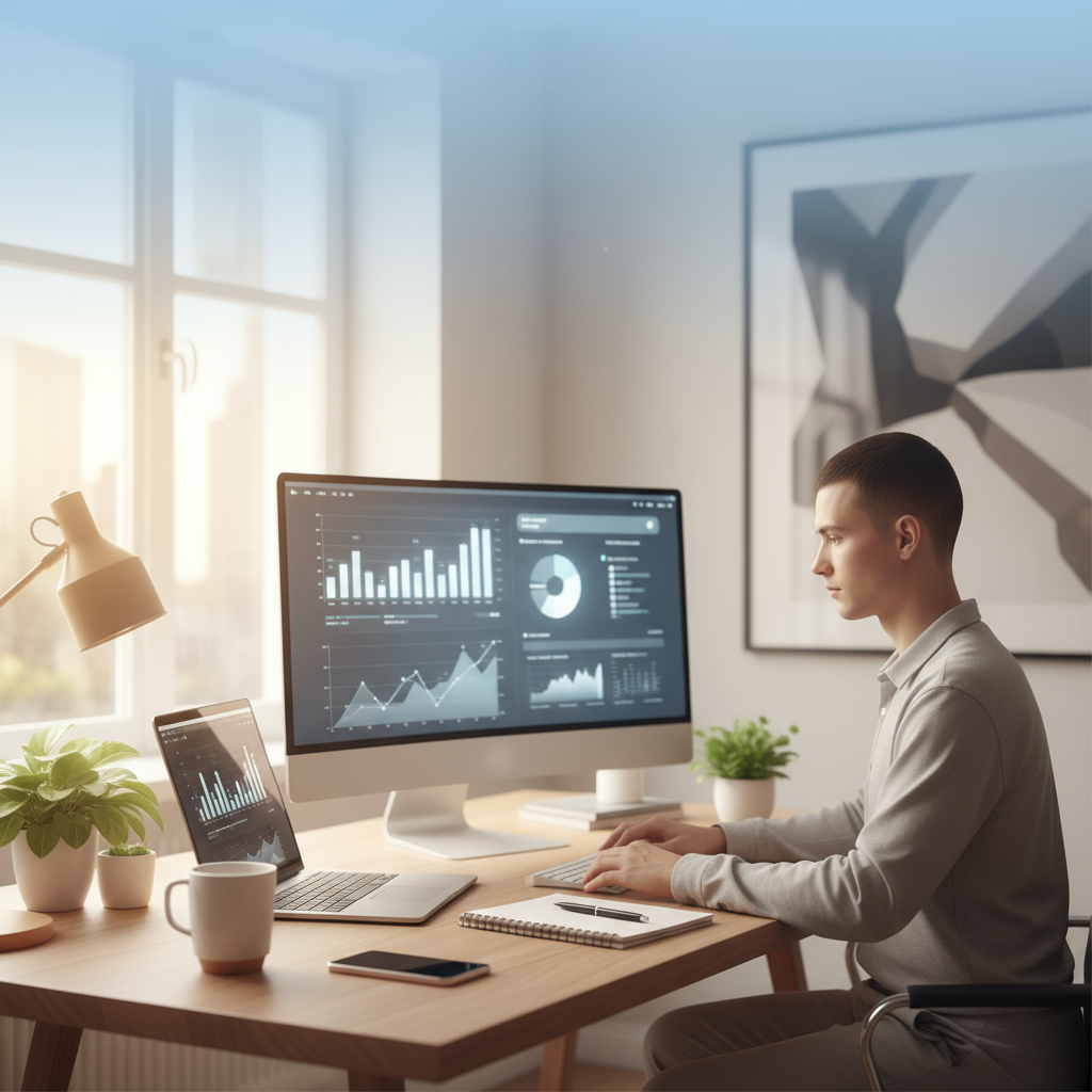 Motivierter Einsteiger verdient Geld im Internet am Laptop im Homeoffice mit moderner Schreibtischumgebung und digitalen Tools – ideal für Anfänger.