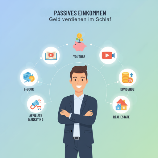 Illustration zeigt verschiedene Wege zum Geld verdienen im Schlaf: E-Book, Dividenden, Affiliate-Marketing, YouTube, dargestellt rund um eine zentrale Person.