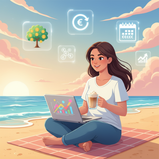 Mann arbeitet am Laptop am Strand mit schwebenden Symbolen für passives Einkommen – perfekte Darstellung von Geld verdienen im Schlaf und digitaler Freiheit.