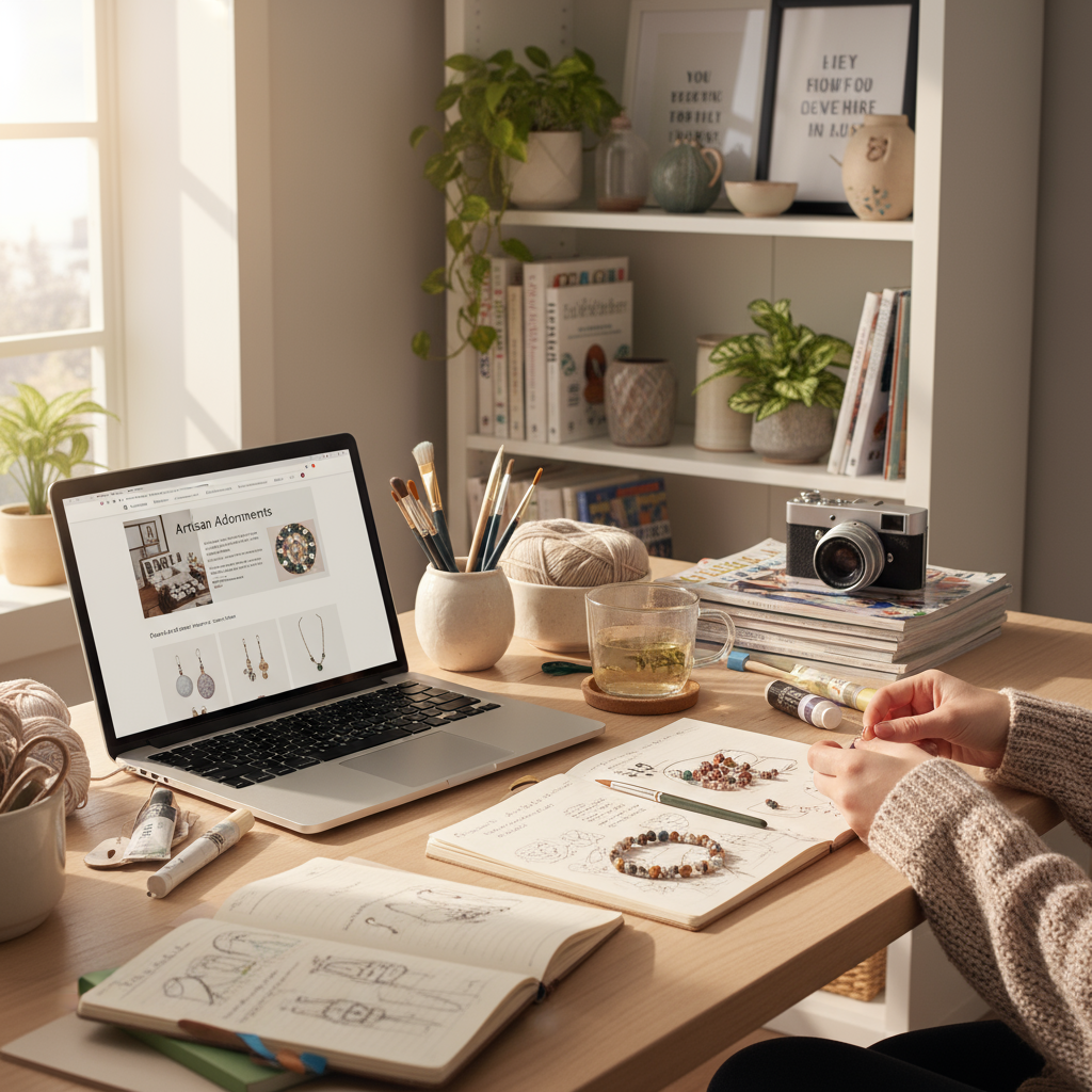 Home-Office mit DIY-Materialien und Laptop – kreative Arbeitsumgebung zum Geld verdienen mit Hobbys.