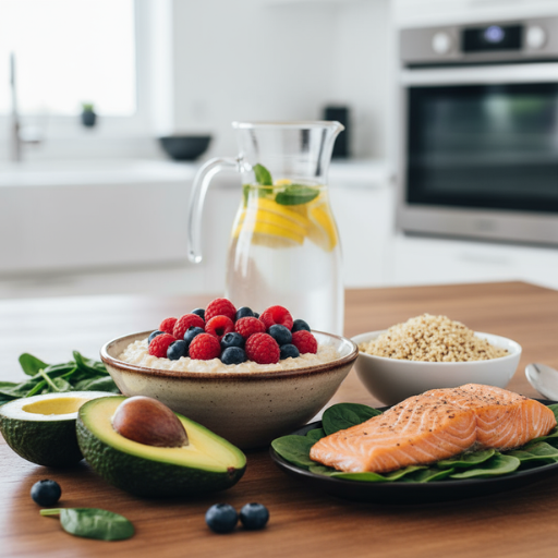 Gesunde Lebensmittel für einen flachen Bauch wie Avocados, Beeren und Lachs stilvoll angerichtet auf einem Tisch.
