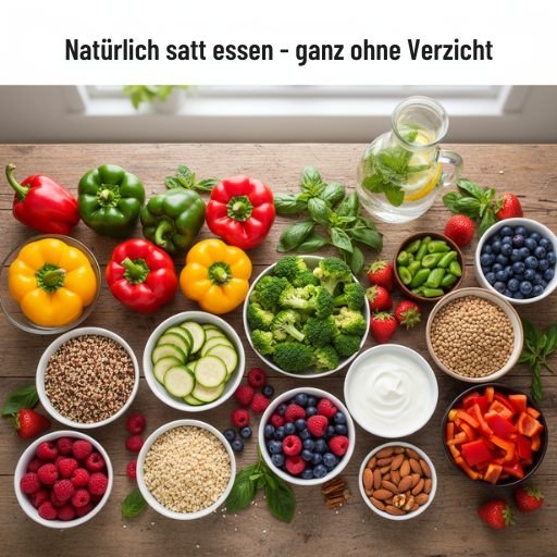 Gesunde, volumenreiche Lebensmittel wie Gemüse, Hülsenfrüchte und Joghurt – ideale Ernährung für Abnehmen ohne Verzicht und langanhaltende Sättigung.