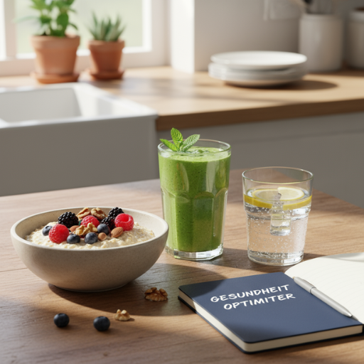 Ausgewogenes Frühstück mit Smoothie, Beeren und Haferflocken – Ernährung zur Gesundheit optimieren und Lebensenergie steigern.