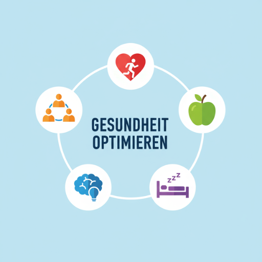 Illustration mit Icons für Ernährung, Bewegung, Schlaf und mentale Gesundheit – ganzheitlich Gesundheit optimieren und fördern.