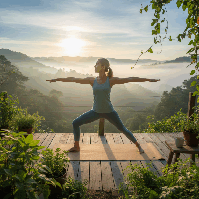 Gesunde Frau macht Yoga bei Sonnenaufgang im Freien – Morgenroutine zur Gesundheitserhaltung und Stressreduktion.