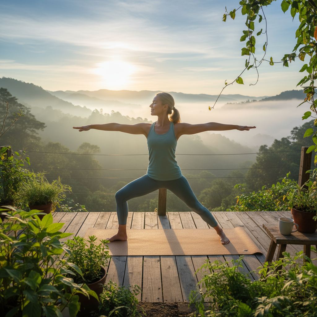 Gesunde Frau macht Yoga bei Sonnenaufgang im Freien – Morgenroutine zur Gesundheitserhaltung und Stressreduktion.