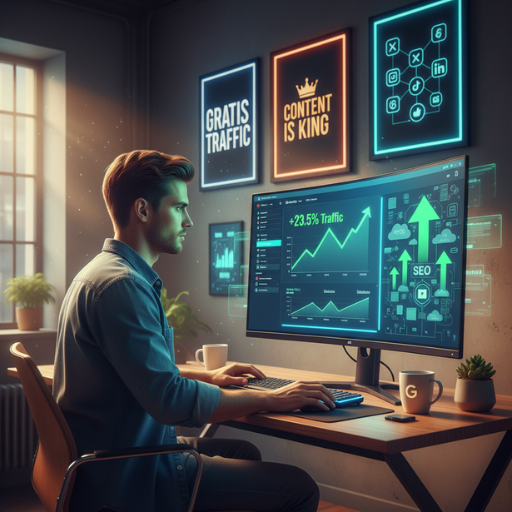 Digitaler Marketer analysiert gratis Traffic für seine Webseite mithilfe von Google Analytics und SEO-Tools auf einem modernen Laptop am Arbeitsplatz.