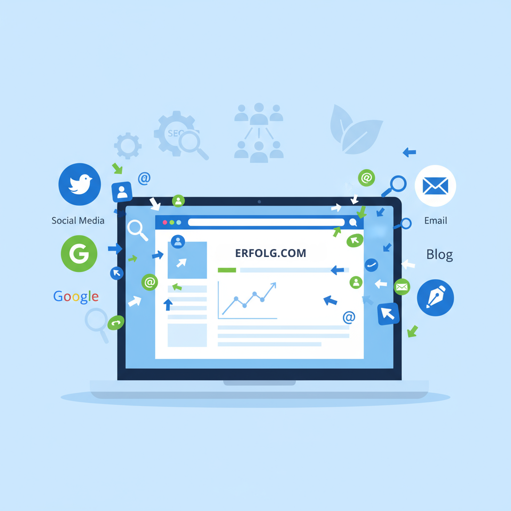 Illustration zeigt, wie gratis Traffic für eine Webseite aus verschiedenen Online-Kanälen wie Social Media, Google und E-Mail auf eine Website gelenkt wird.