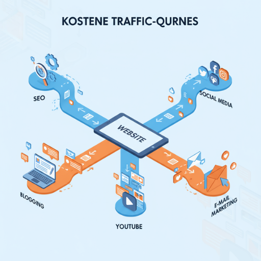 Infografik visualisiert Strategien für gratis Traffic zur Webseite über SEO, Blogging, Social Media, E-Mail-Marketing und YouTube, verbunden zur zentralen Website.