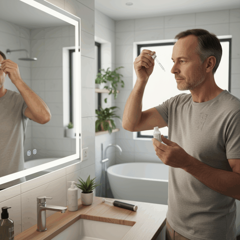 Mann wendet Minoxidil an, um Haarausfall zu bekämpfen – wirksame Behandlung bei Geheimratsecken.