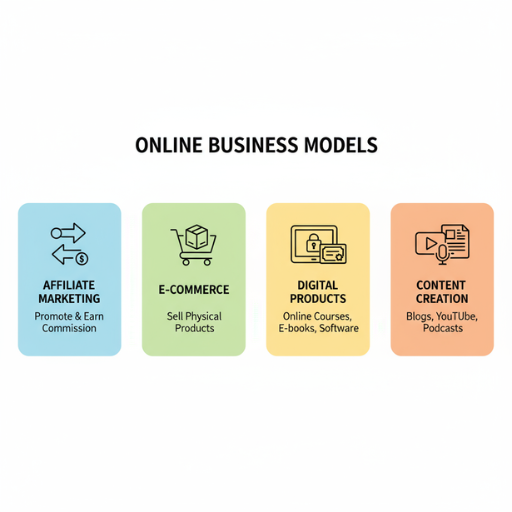 Übersichtliche Infografik zu Online-Geschäftsmodellen wie Affiliate Marketing, Dropshipping und digitale Produkte – für Einsteiger ins Geldverdienen im Internet.