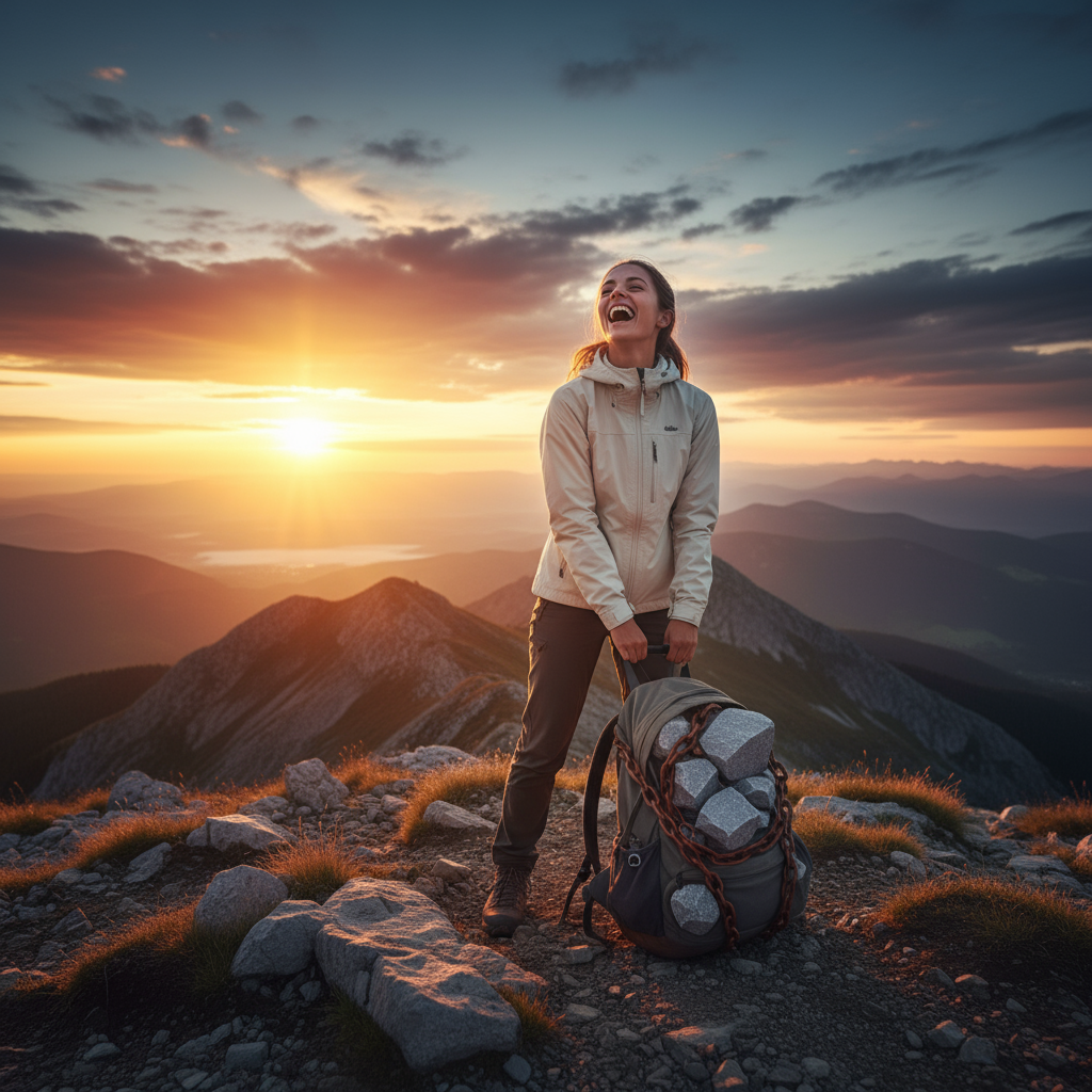 Glückliche Person legt schweren Rucksack ab und genießt Freiheit auf Berggipfel – Motivation für den Weg raus aus den Schulden.