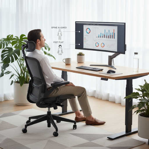 Ergonomisch eingerichteter Arbeitsplatz mit korrekter Sitzhaltung zur Vermeidung von Rückenschmerzen im Büroalltag.