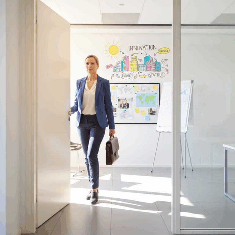 Person betritt entschlossen ein modernes Büro – Symbol für den ersten Schritt, sich selbstständig zu machen.