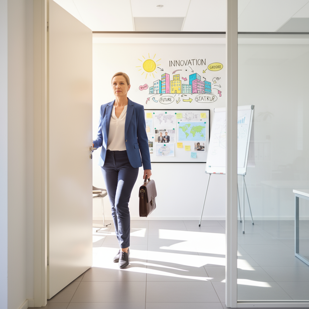 Person betritt entschlossen ein modernes Büro – Symbol für den ersten Schritt, sich selbstständig zu machen.