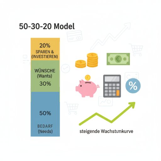Infografik mit 50-30-20-Sparmodell, Symbolen für Geld sparen, Budgetierung und finanzielle Planung.