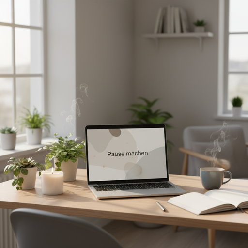 Ordentlicher Arbeitsplatz mit Tee, Pflanzen und Kerzenlicht – visuelle Darstellung von digitalem Detox, Work-Life-Balance und Stressbewältigung im Büroalltag.