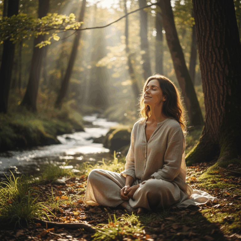 Frau meditiert im Wald als Symbol für Achtsamkeit und Stressbewältigung – entspannte Atmosphäre, Natur und innere Ruhe bei Sonnenlicht.