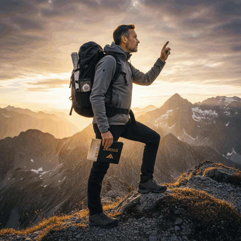 Geschäftsmann erklimmt symbolisch eine Bergspitze bei Sonnenaufgang – visuelle Darstellung von Top-Performer Erfolgsstrategien und Zielstrebigkeit.