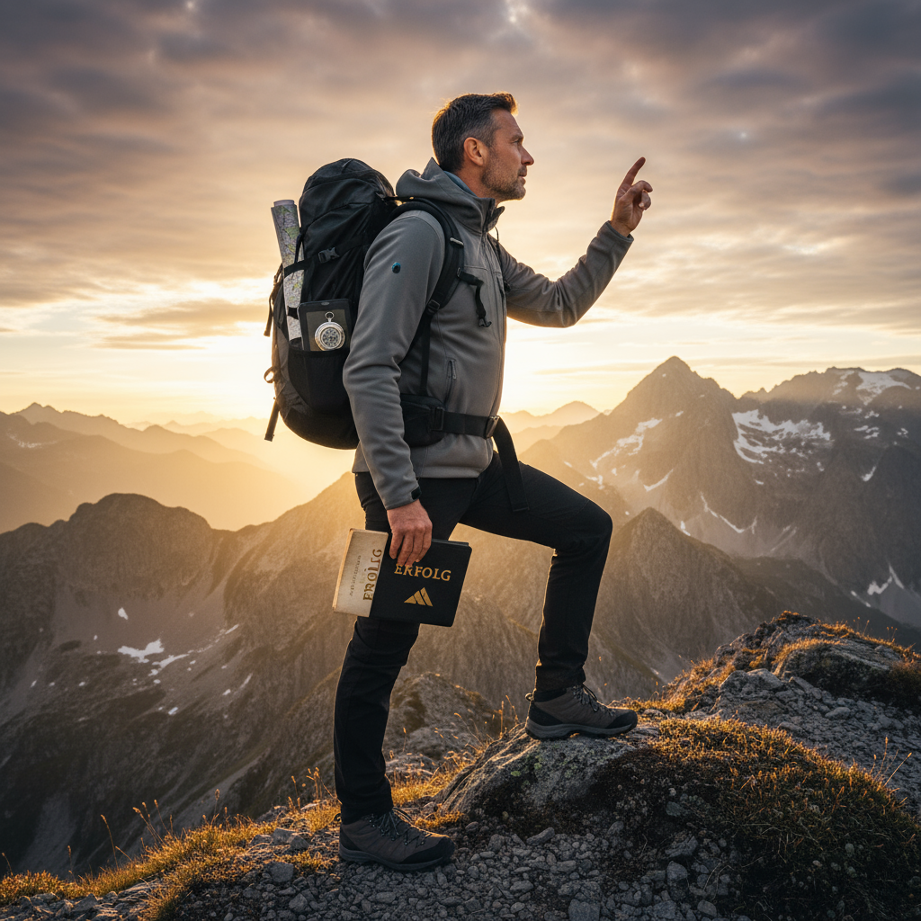Geschäftsmann erklimmt symbolisch eine Bergspitze bei Sonnenaufgang – visuelle Darstellung von Top-Performer Erfolgsstrategien und Zielstrebigkeit.