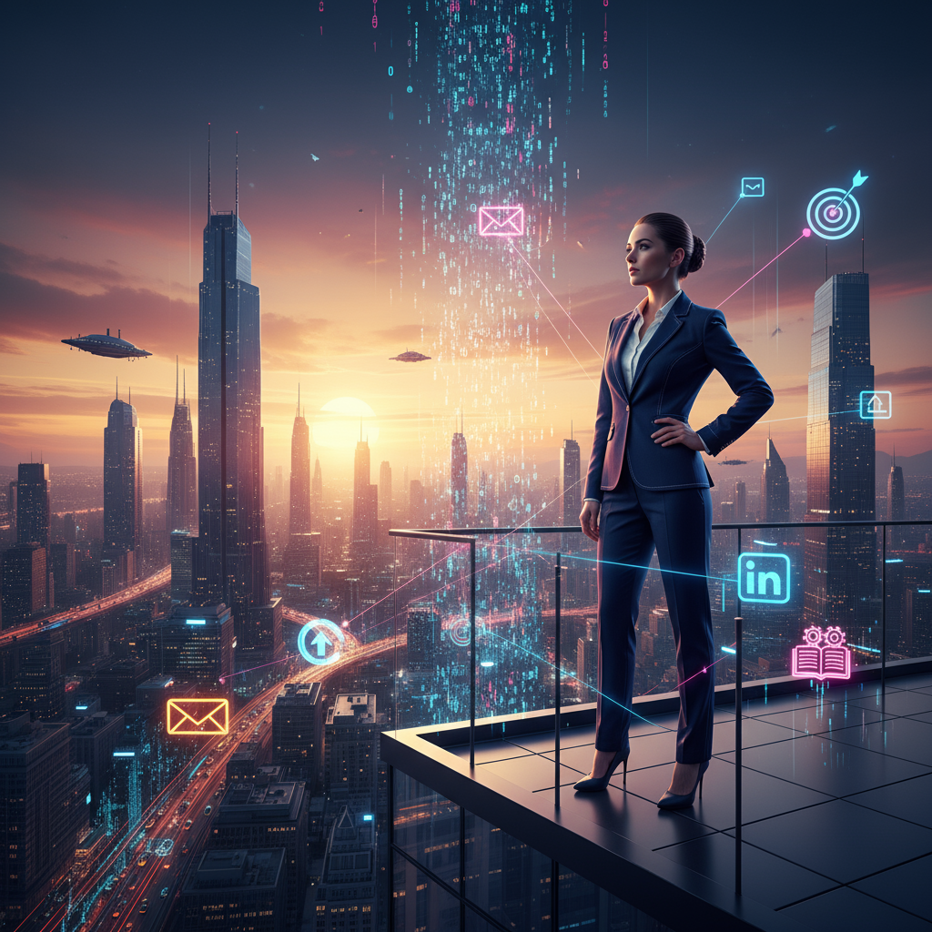Businessfrau mit Blick über eine vernetzte Stadt – Symbolbild für digitale Top-Performer Erfolgsstrategien, Networking und persönliches Wachstum.