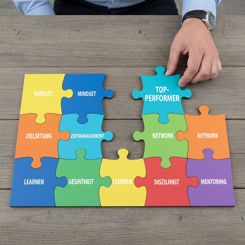 Puzzlestücke mit Begriffen wie Mindset und Disziplin, das letzte Stück trägt den Schriftzug Top-Performer – visuelle Metapher für Erfolgsstrategien.