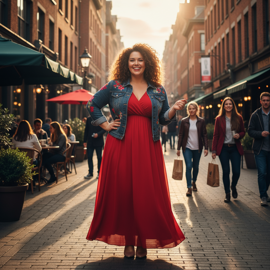 Selbstbewusste Plus-Size-Frau auf der Straße – trotz Übergewicht glücklich und selbstbewusst im modernen Alltagslook.