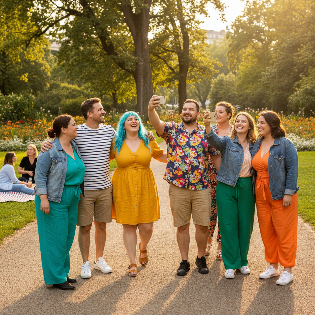 Gruppe übergewichtiger Menschen zeigt Lebensfreude im Park – trotz Übergewicht glücklich und selbstbewusst gemeinsam aktiv.