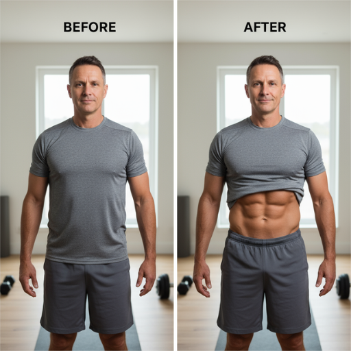 Mann mit sichtbarer Vorher-Nachher-Transformation – flacher Bauch durch Fitness und gesunde Ernährung.