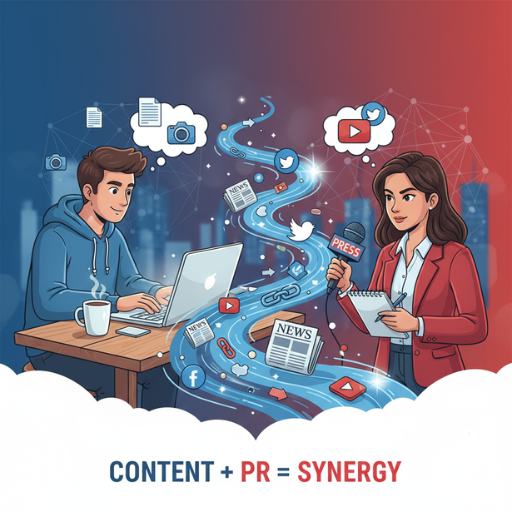 Illustration zeigt Synergie von Content-Marketing und PR – Blogger und Journalist vernetzen sich über digitale Kanäle für mehr Sichtbarkeit und Webtraffic.