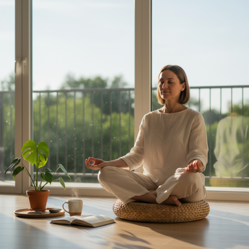 Frau meditiert im hellen Wohnzimmer mit Tagebuch und Tee – eine ruhige Szene, die Achtsamkeit als Methode zeigt, um Existenzängste zu überwinden.