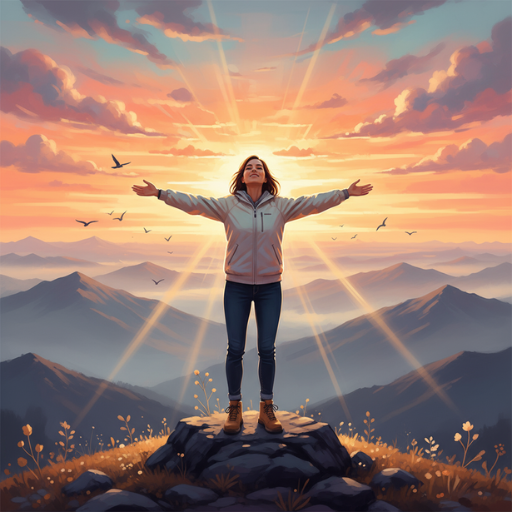 Mensch steht selbstbewusst auf einem Berggipfel im Sonnenaufgang – symbolisiert den Weg, um Existenzängste zu überwinden und neue Stärke zu finden.