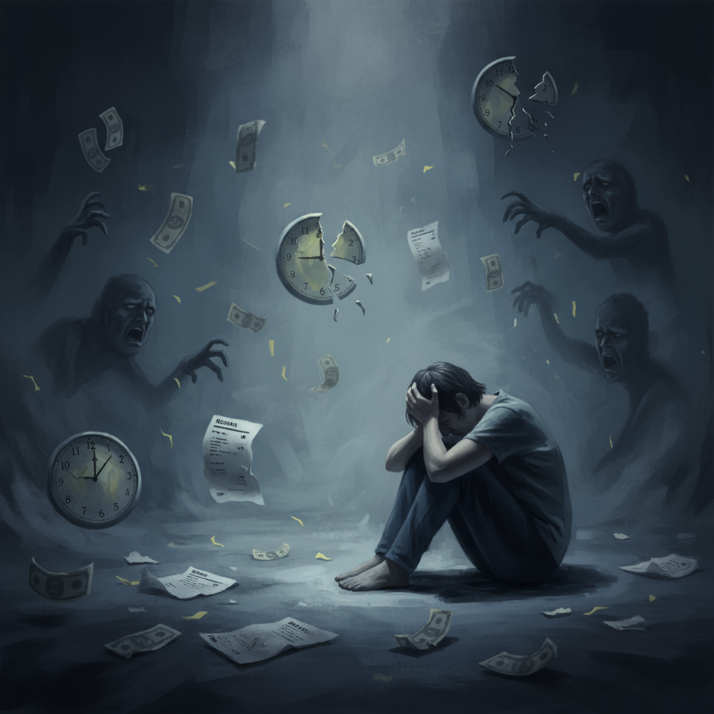 Person sitzt verzweifelt in dunklem Raum umgeben von Symbolen der Existenzangst – ein ausdrucksstarkes Bild zum Thema „Existenzängste überwinden“.