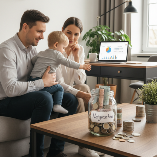 Familie mit gefülltem Notgroschen-Glas und Finanzplan im Wohnzimmer – visuelle Darstellung von Kapitalsicherung und finanzieller Vorsorge.