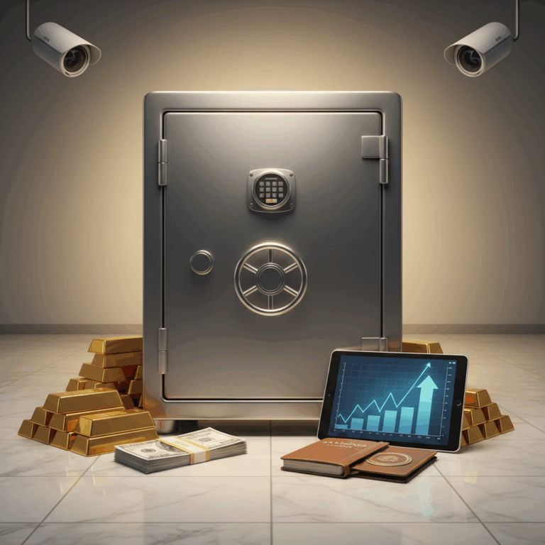 Stabiler Tresor mit Goldbarren, Bargeld und Aktienchart – symbolische Darstellung von Kapitalsicherung und finanziellem Vermögensschutz.
